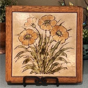 Vintage Large Wooden and Ceramic Trivet